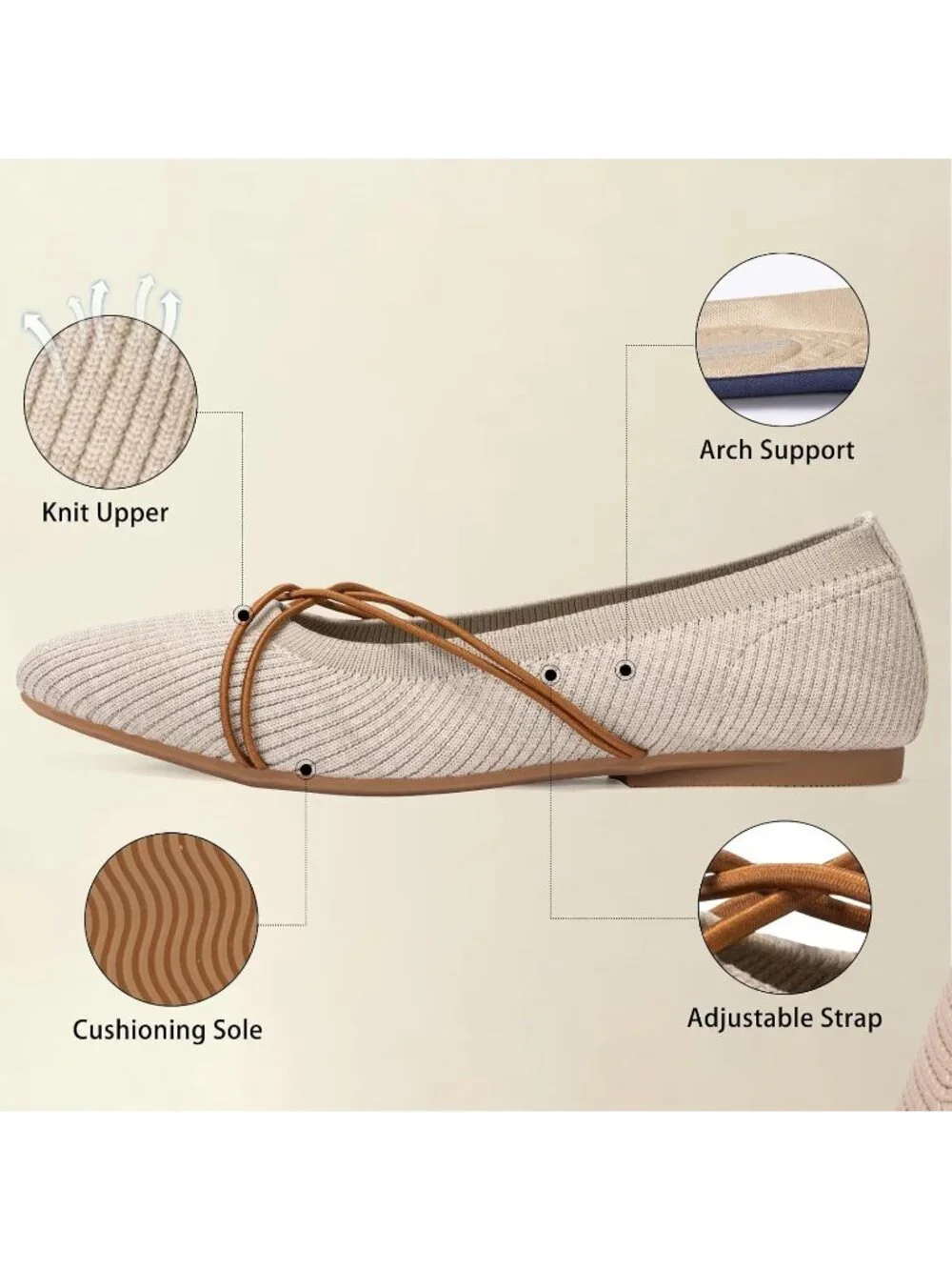Women's Khaki Square Toe Flats Comfortable Knit Ballet Flats with Cross Strap